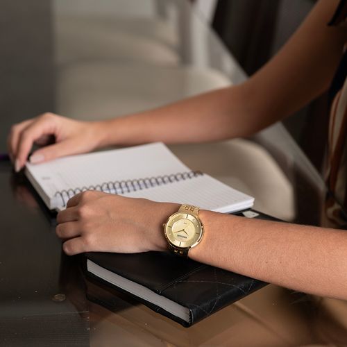 Relógio Feminino Madrepérola Cristais Dourado