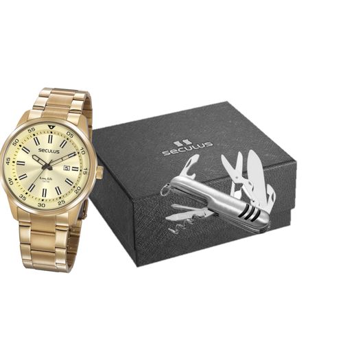 Kit Relógio Masculino Dourado Com Canivete