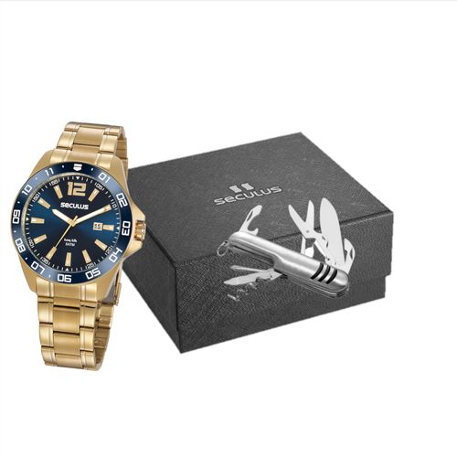 Kit Relógio Masculino Casual Dourado Com Canivete