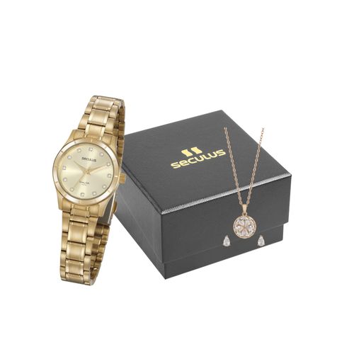 Kit Relógio Feminino Cristais Dourado Com Semijoias