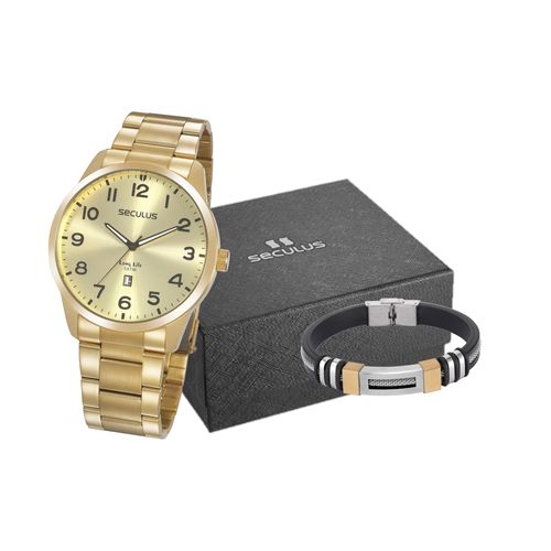 Kit Relógio Masculino Casual Dourado Com Pulseira