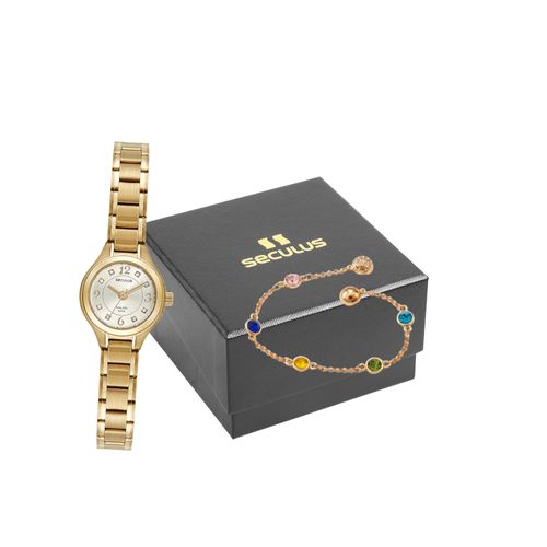 Kit Relógio Feminino Clássico Dourado Com Pulseira de Pedras