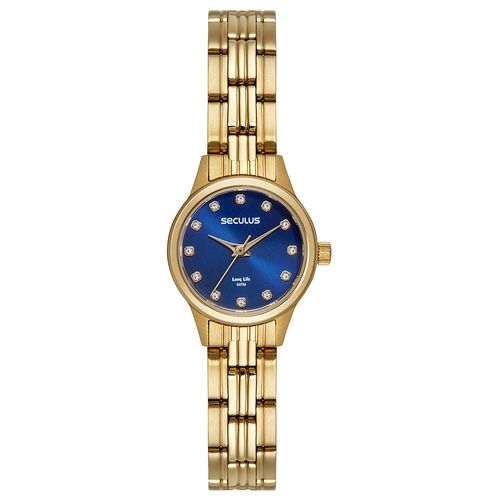 Relógio Feminino Dourado Aço Com Visor Azul