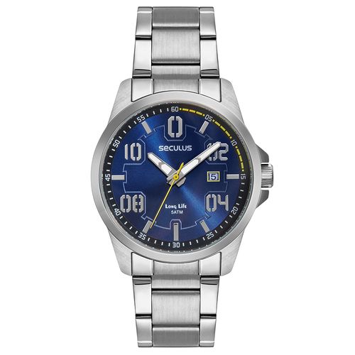 Relógio Masculino Prata Com Calendário e Visor Azul