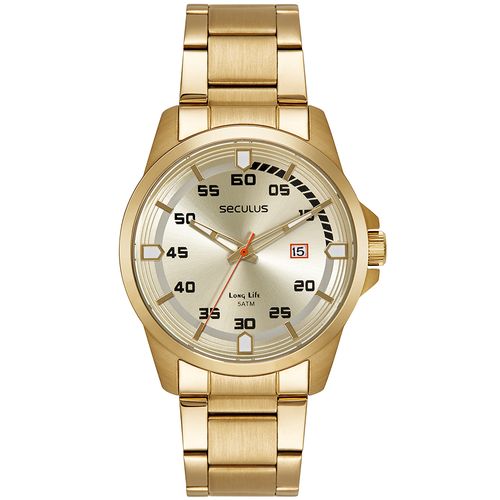 Relógio Masculino Dourado Aço Calendário e Visor Champagne