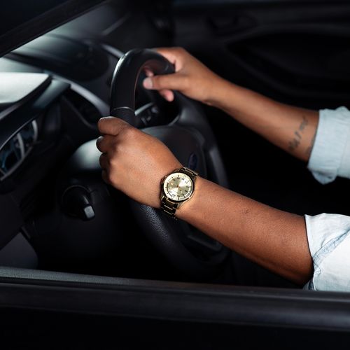 Relógio Masculino Dourado Aço Calendário e Visor Champagne