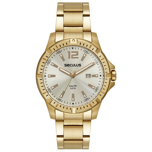 Relógio Masculino Dourado Aço Com Calendário e Visor Champagne