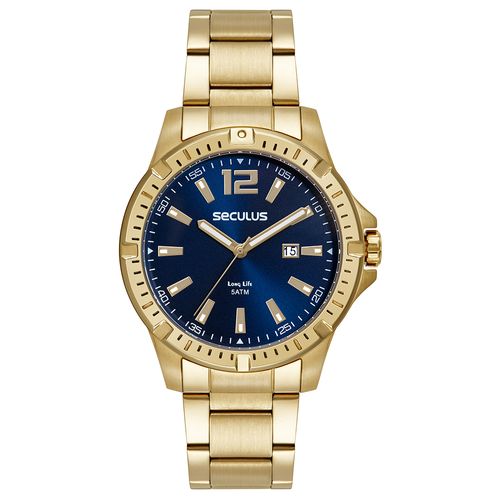 Relógio Masculino Dourado Aço Com Calendário e Visor Azul