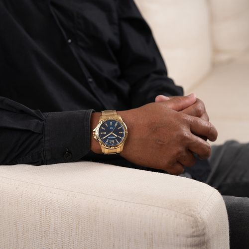 Relógio Masculino Dourado Aço Com Calendário e Visor Azul