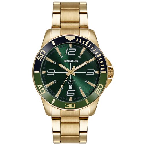 Relógio Masculino Dourado Aço Com Calendário e Visor Verde