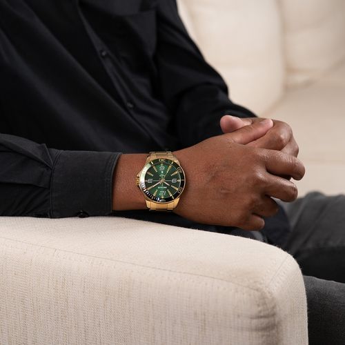 Relógio Masculino Dourado Aço Com Calendário e Visor Verde