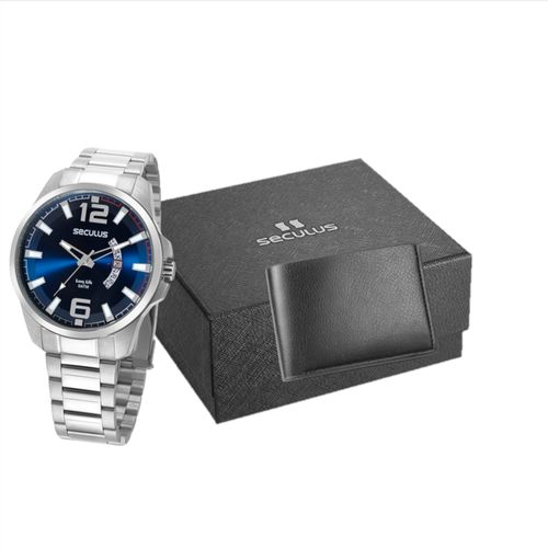 Kit Relógio Masculino Calendário Prata Com Carteira