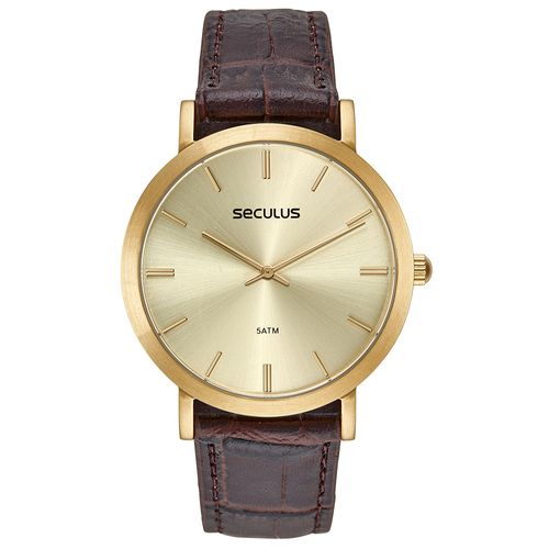 Relógio Masculino Semi Slim Couro Dourado