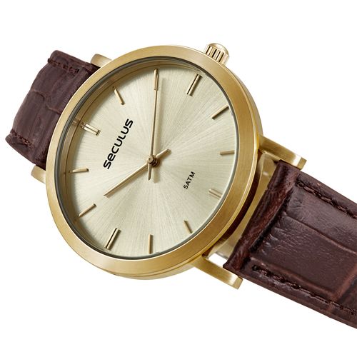 Relógio Masculino Semi Slim Couro Dourado