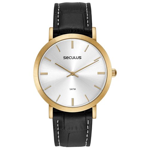 Relógio Masculino Semi Slim Couro Dourado