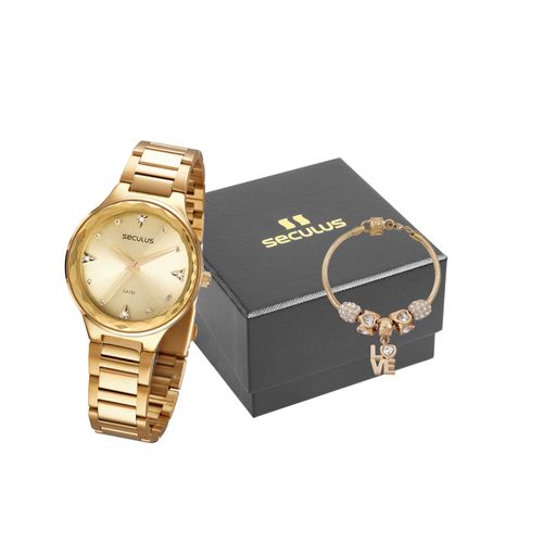 Kit Relógio Feminino Dourado Com Pulseira Love