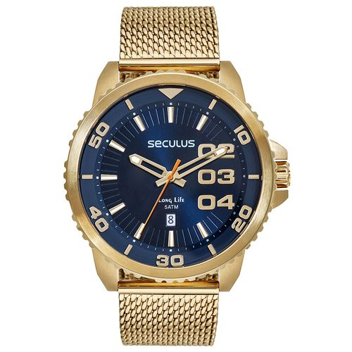 Relógio Masculino Calendário Malha de Aço Dourado