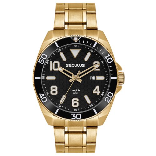 Relógio Masculino Aço Visor Preto e Calendário Dourado
