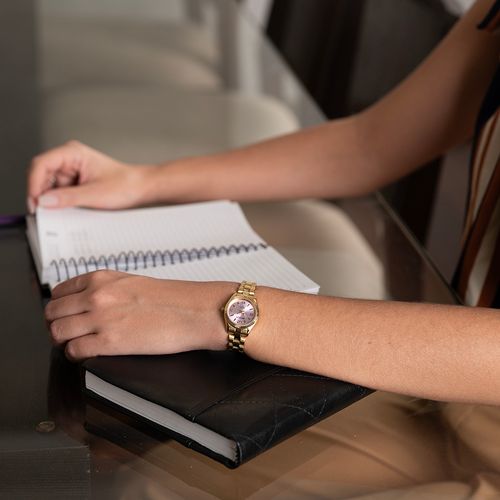 Relógio Feminino Aço Catraca Facetada Dourado