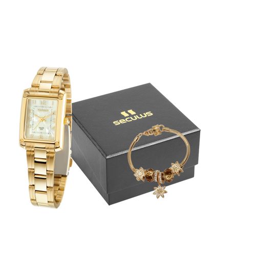 Kit Relógio Feminino Madrepérola Dourado Com Pulseira Berloques