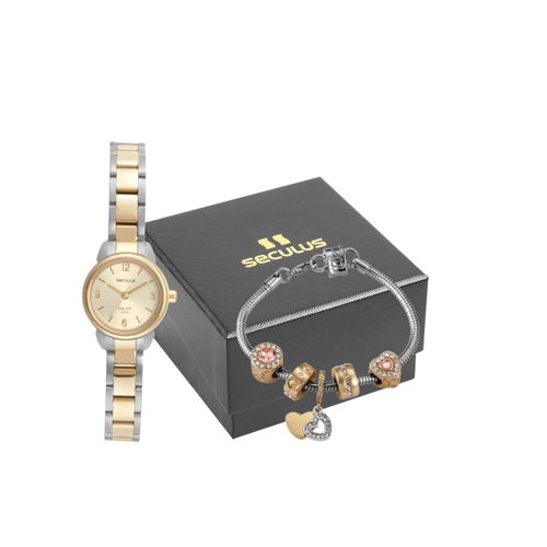 Kit Relógio Feminino Clássico Bicolor Com Pulseira Berloques