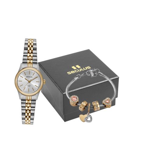 Kit Relógio Feminino Vintage Bicolor Com Pulseira Berloques