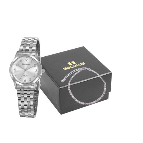 Kit Relógio Feminino Casual Prata Com Pulseira Pedras