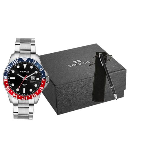 Kit Relógio Masculino Esportivo Prata com Caneta