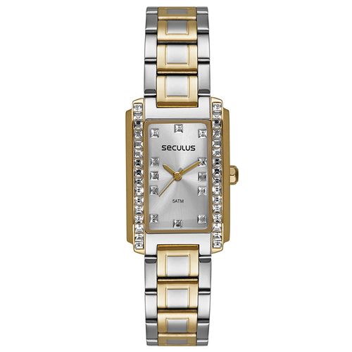 Relógio Feminino Quadrado Cristais Bicolor