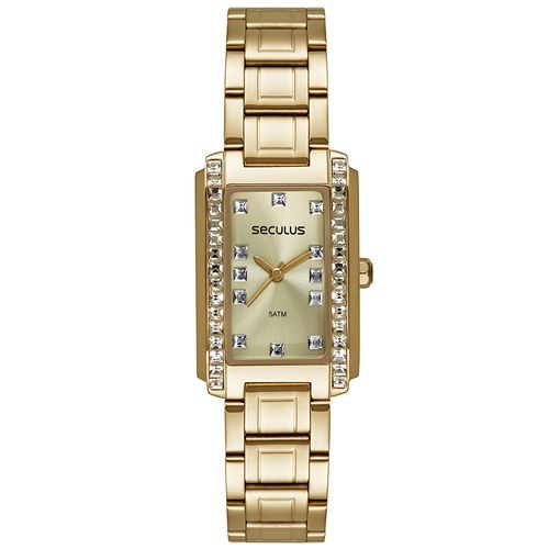 Relógio Feminino Quadrado Cristais Dourado