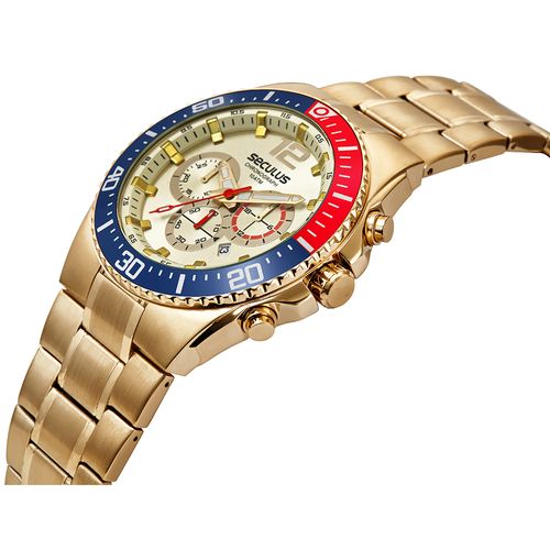 Relógio Masculino Cronógrafo Catraca Bicolor Aço Dourado
