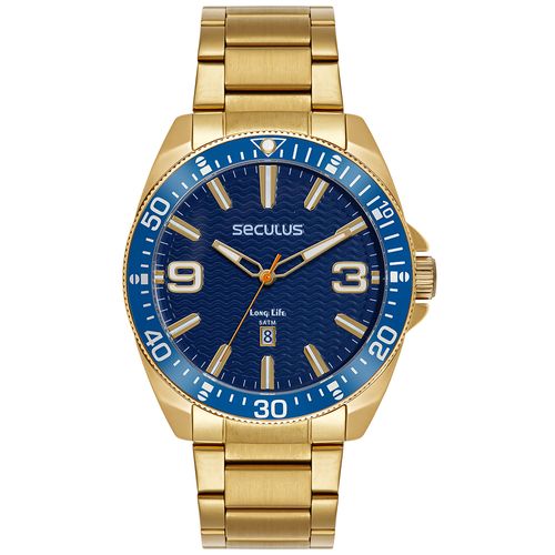 Relógio Masculino Dourado Aço Com Calendário e Visor Azul