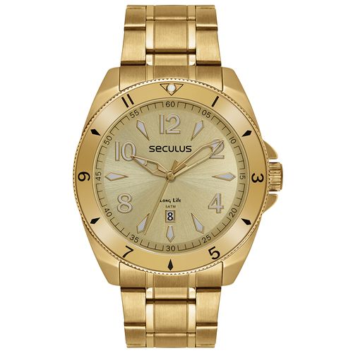 Relógio Masculino Aço Calendário Dourado