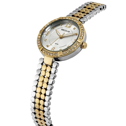 Relógio Feminino Cristais Prata e Dourado