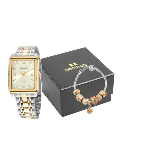 Kit Relógio Feminino Quadrado Bicolor Com Pulseira Berloques