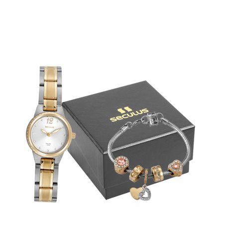 Kit Relógio Feminino Clássico Cristais Bicolor Com Pulseira Berloques