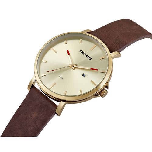 Relógio Masculino Minimalista Couro Dourado