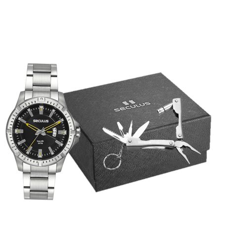 Kit Relógio Masculino Aço Calendário Prata Com Chaveiro Multifunção