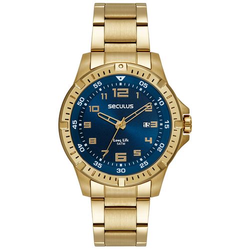 Relógio Masculino Aço Dourado Mostrador Azul