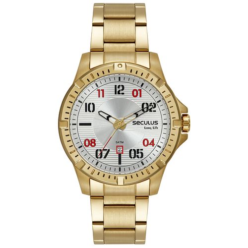 Relógio Masculino Aço Dourado Calendário e Mostrador Prata