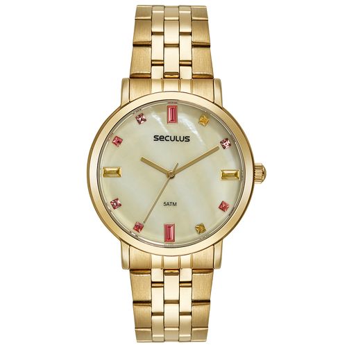 Relógio Feminino Madrepérola Cristais Dourado