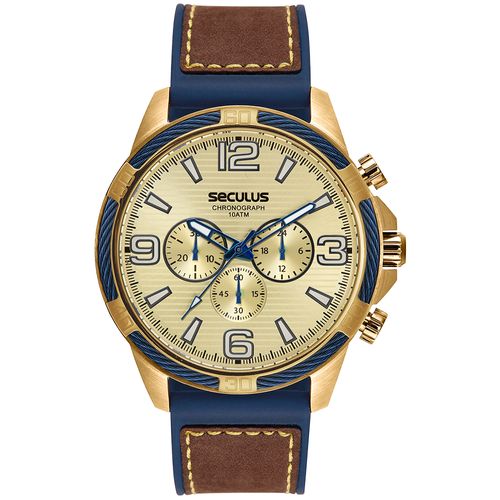 Relógio Masculino Cronógrafo Pulseira Couro e Silicone Dourado