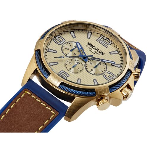 Relógio Masculino Cronógrafo Pulseira Couro e Silicone Dourado