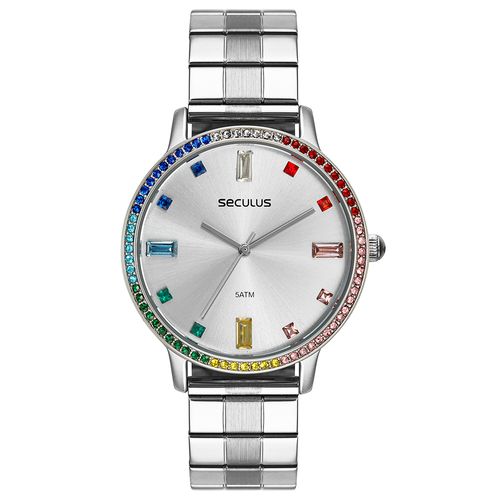 Relógio Feminino Cristais Coloridos Prata