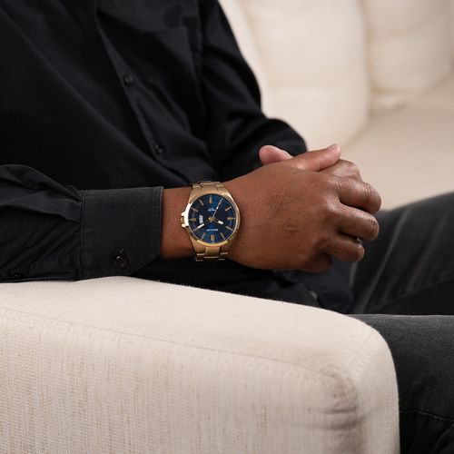 Relógio Masculino Aço Casual Dourado Mostrador Azul