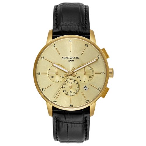 Relógio Masculino Cronógrafo Vidro Abaulado Couro Dourado