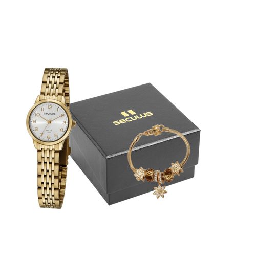 Kit Relógio Feminino Clássico Dourado Com Pulseira Berloques