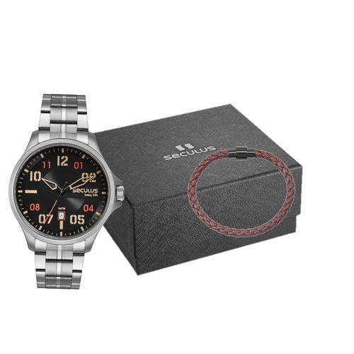 Kit Relógio Masculino Aço Calendário Prata Com Pulseira Trançada