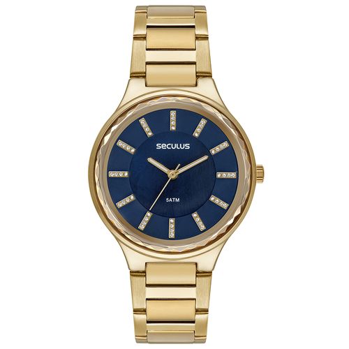 Relógio Feminino Facetado Madrepérola Cristais Dourado