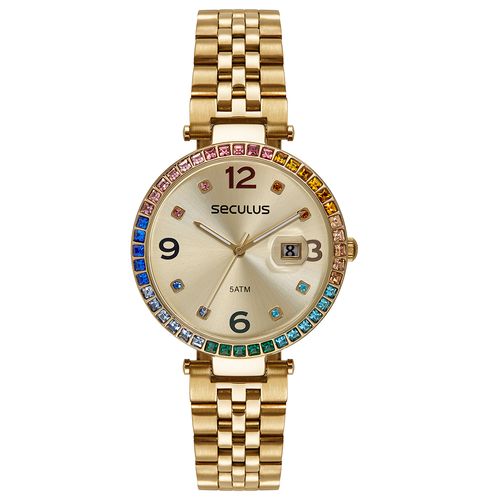 Relógio Feminino Lupa Para Calendário Cristais Coloridos Dourado